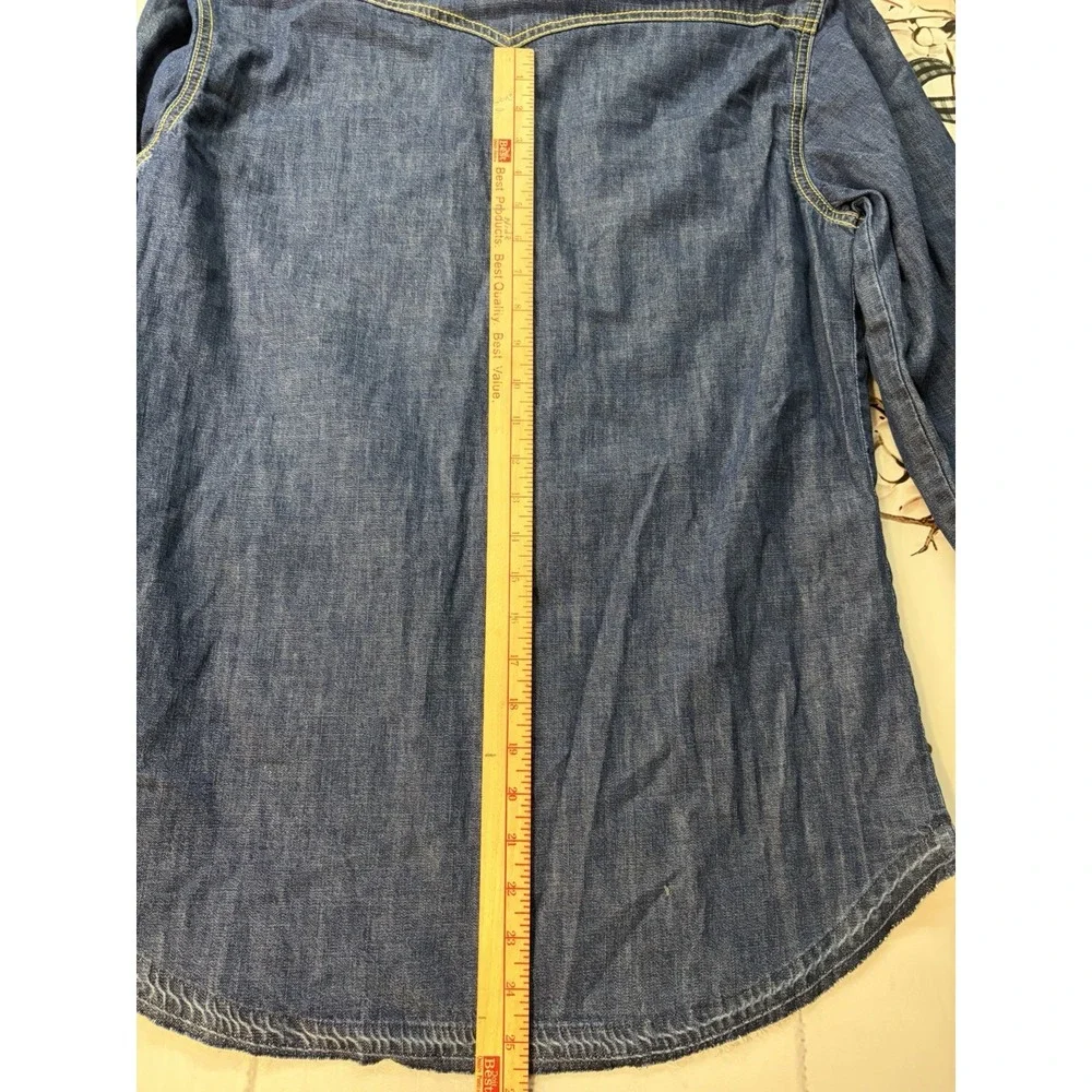 True Religion Mens Dark Wash Denim Western Shirt Pearl Snap Horseshoe Stitching